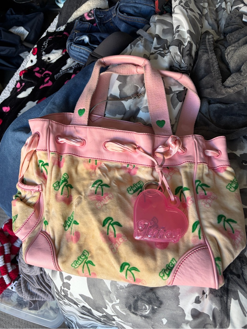 Pink Palm-Print Tote with Heart Charm